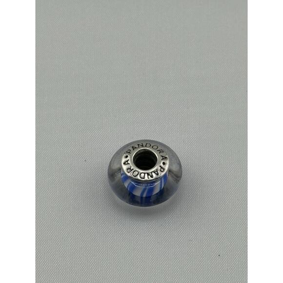 PANDORA " Blue Candy Stripes" #790611 Blue Murano Glass SS Bead Retired - Picture 2 of 3
